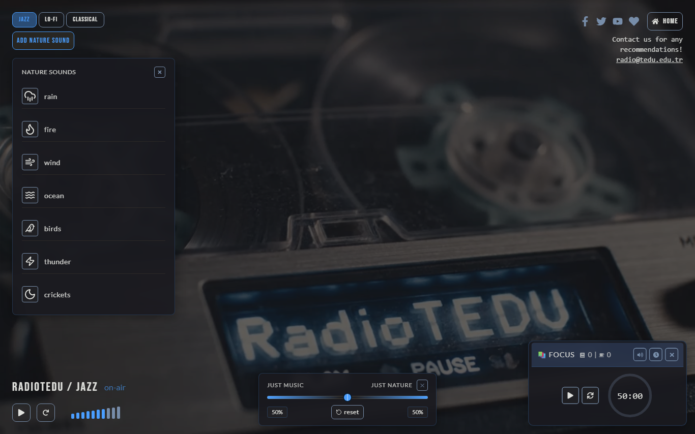 RadioTEDU Stream channels, nature sounds, audio mixer and focus timer