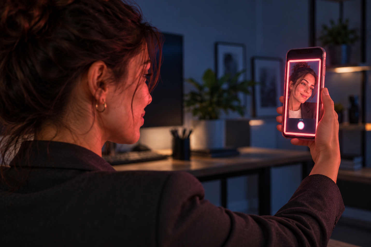 A professionally dressed adult taking a front-camera selfie with coral screen light on her face